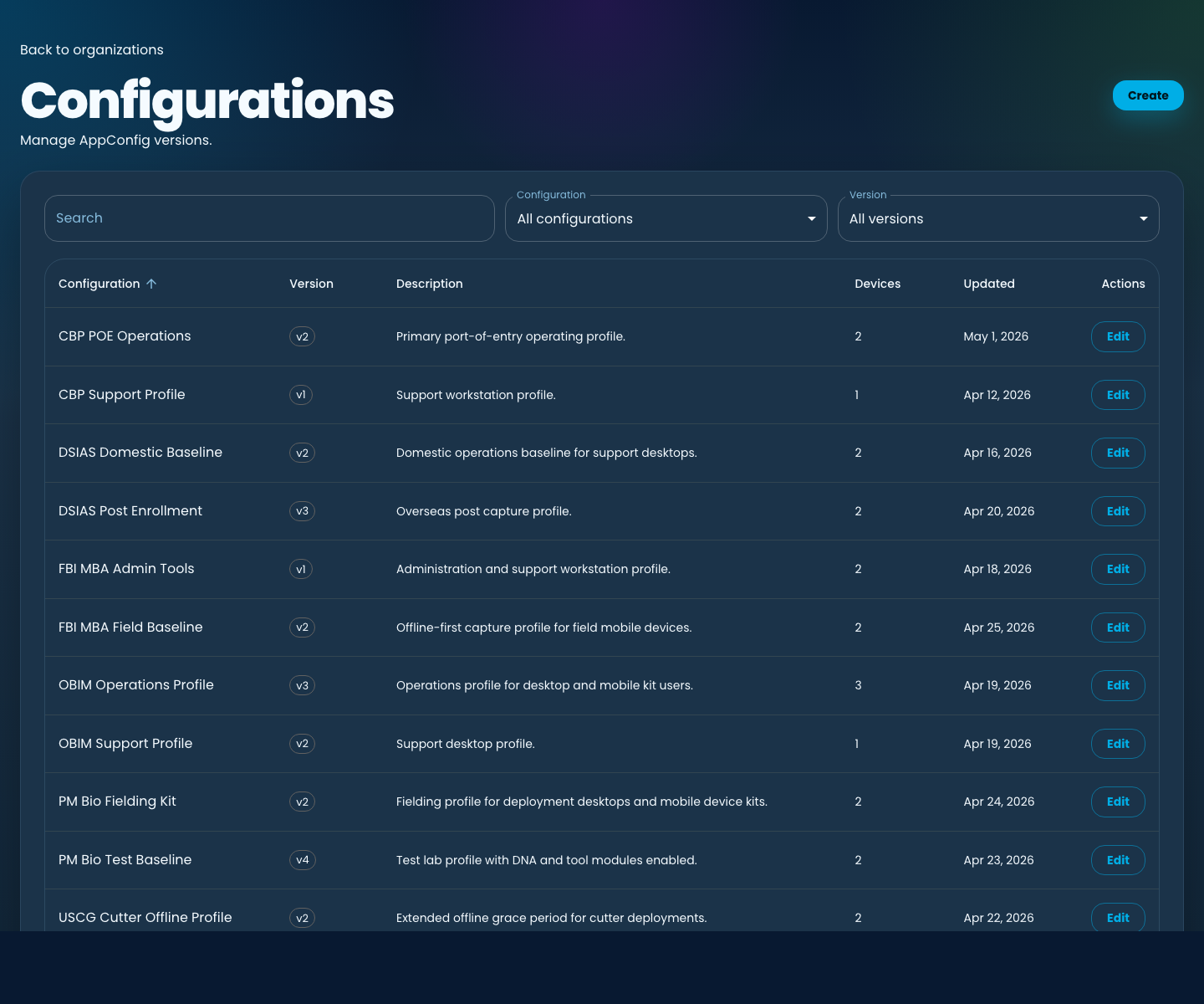Configurations page